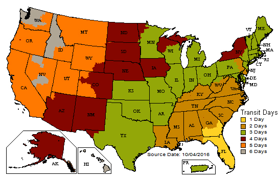 A map showing shipping time within the United States.